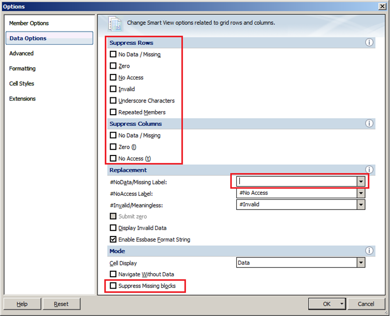Smart View options blank checkboxes for suppress rows and columns, no data/missing label, and suppress missing blocks